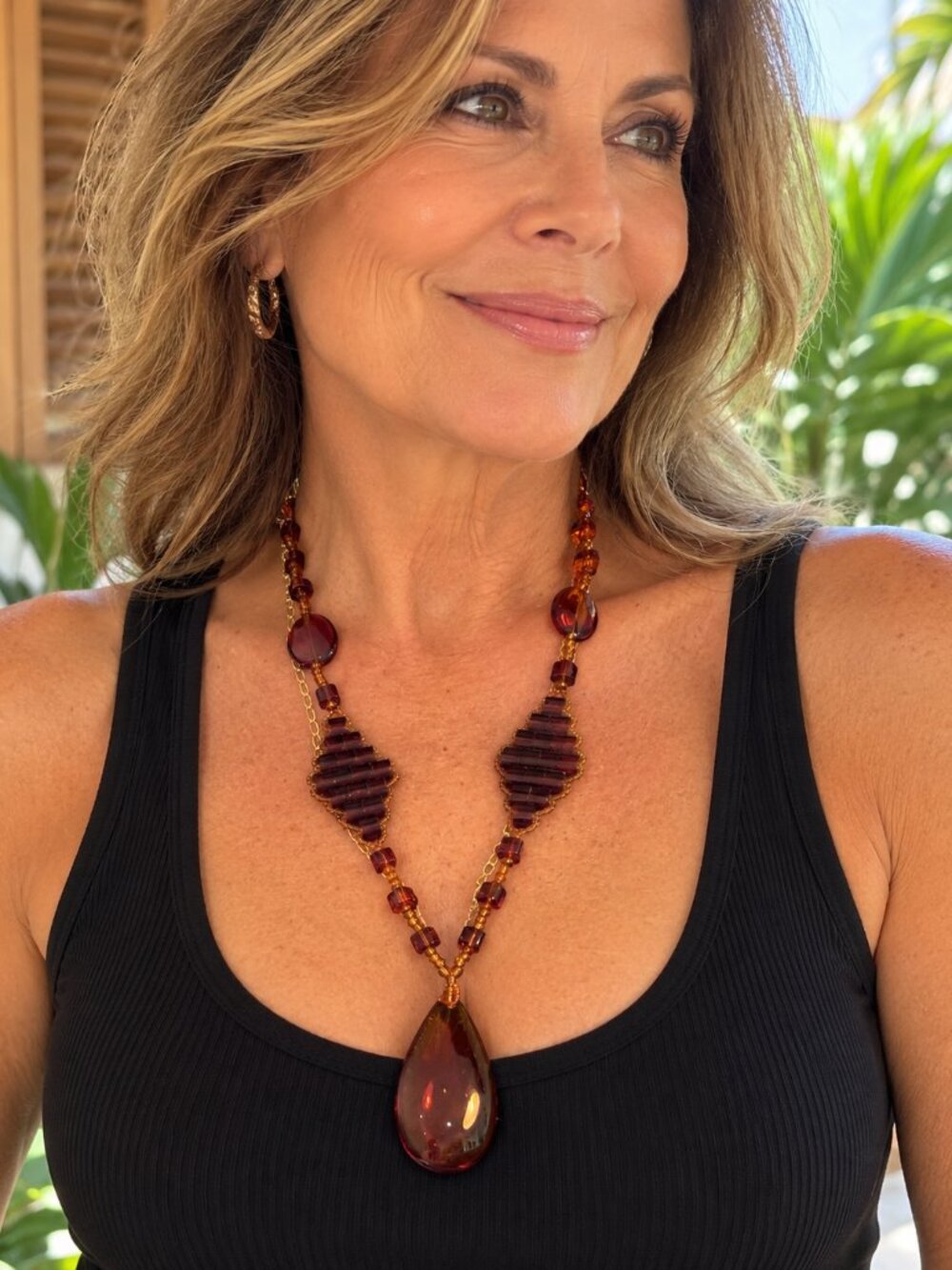 Amber Brown Beaded Statement Necklace Teardrop Pendant Boho Geometric
